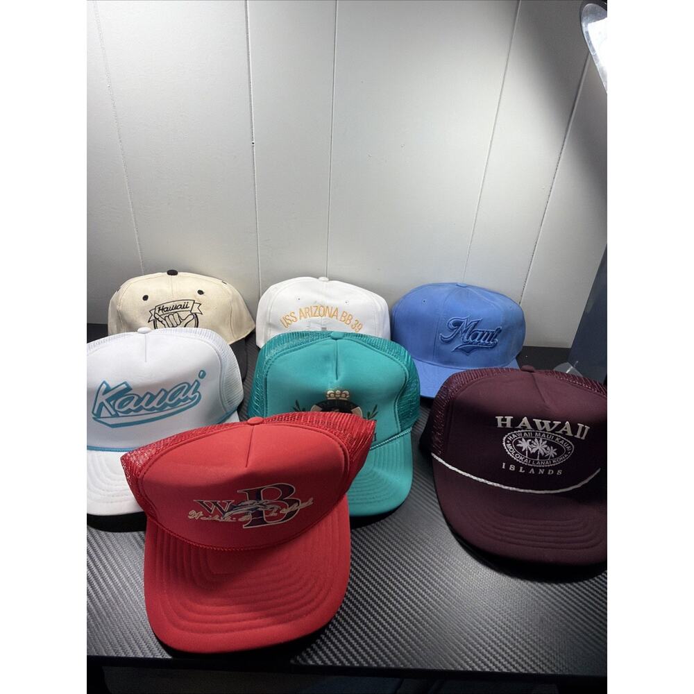 Vintage lot of 7 Snapback Trucker Hat Caps SOUVENIR VACATION Mesh USA HAWAII